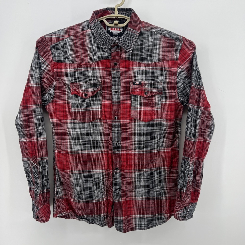 Bell Helmets Shirt Men Med Red Long Sleeve Button Up Pearl Snaps Rancher Biker B
